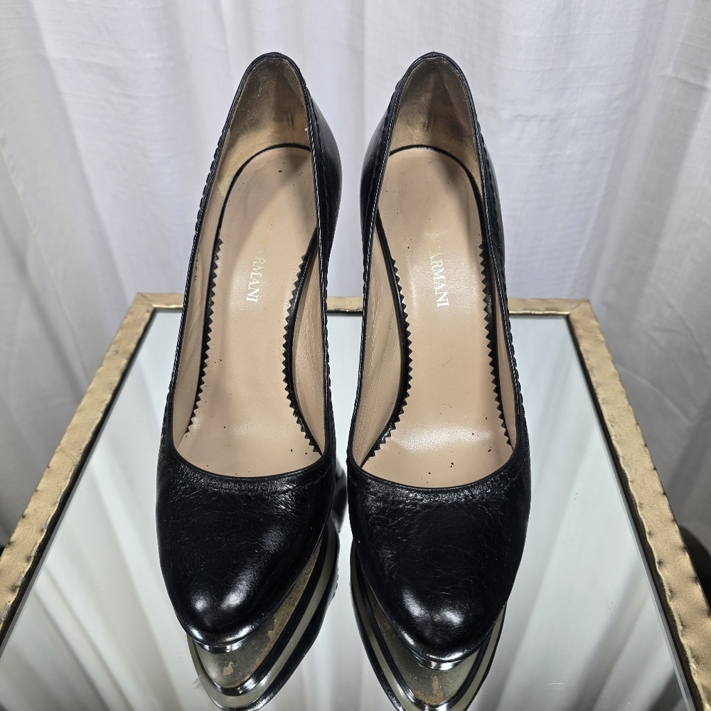 Emporio Armani Black Leather Pumps Block Heels - Picture 6 of 15